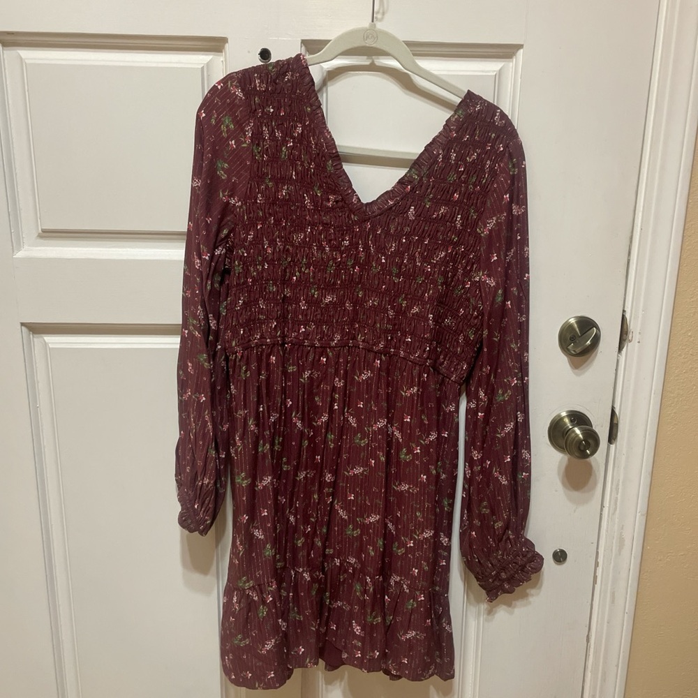 Floral Long Sleeve Dress - Burgundy